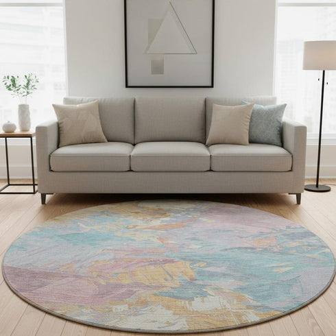 8' Teal Gold And Pink Abstract Washable Round Rug With UV Protection