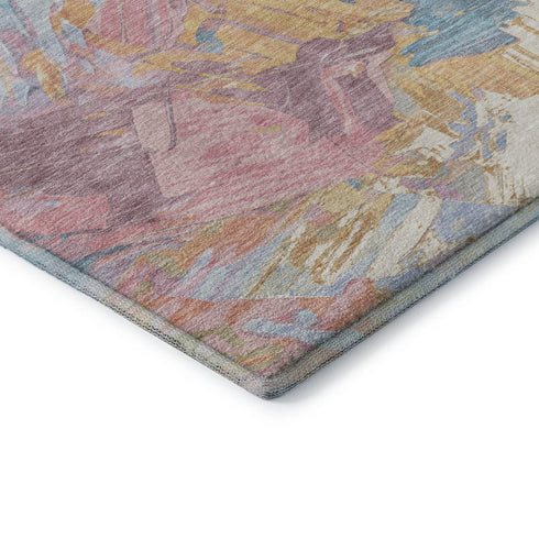 8' Teal Gold And Pink Abstract Washable Round Rug With UV Protection