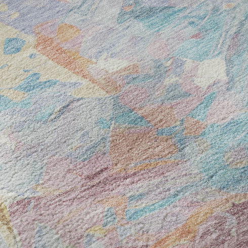 8' Teal Gold And Pink Abstract Washable Round Rug With UV Protection