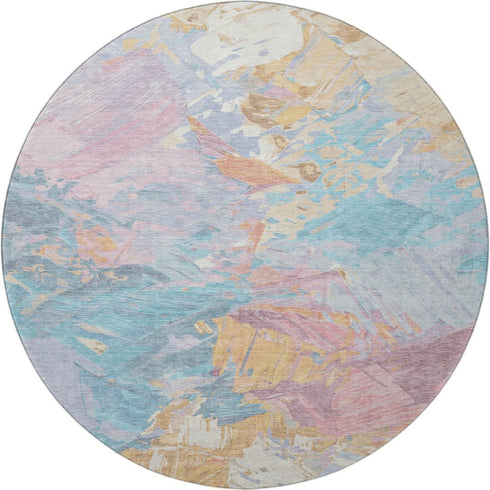 8' Teal Gold And Pink Abstract Washable Round Rug With UV Protection