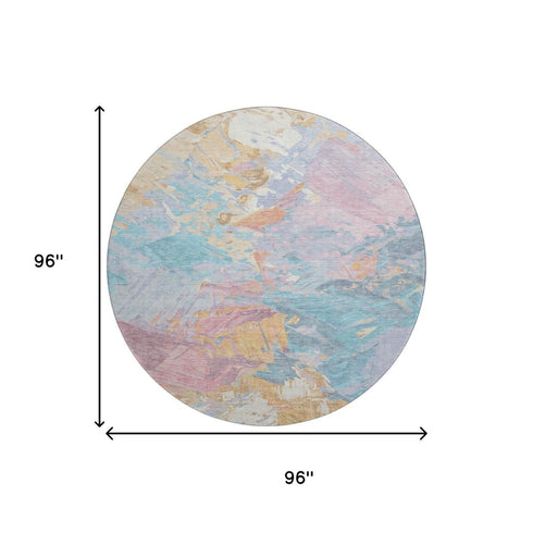 8' Teal Gold And Pink Abstract Washable Round Rug With UV Protection