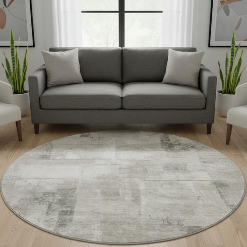8' Beige Taupe And Ivory Geometric Washable Round Rug With UV Protection