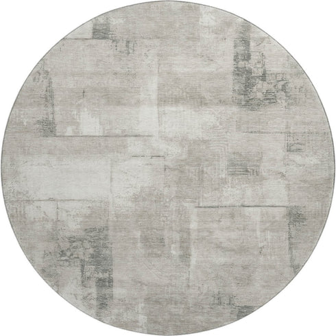 8' Beige Taupe And Ivory Geometric Washable Round Rug With UV Protection