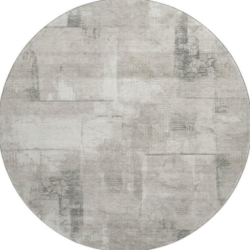 8' Beige Taupe And Ivory Geometric Washable Round Rug With UV Protection