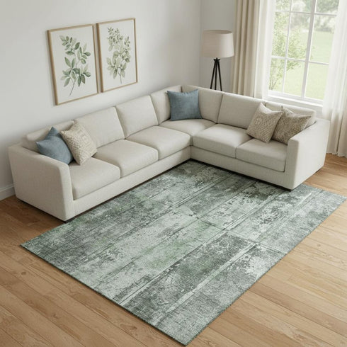 9' X 12' Green And Gray Striped Washable Area Rug With UV Protection