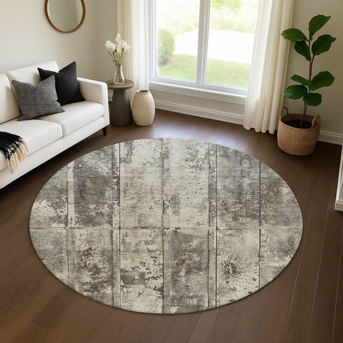 8' Taupe Beige And Gray Striped Washable Round Rug With UV Protection