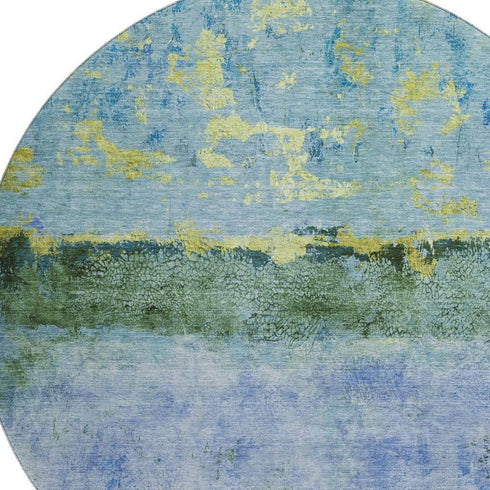 8' Blue Gold And Ivory Abstract Washable Round Rug With UV Protection