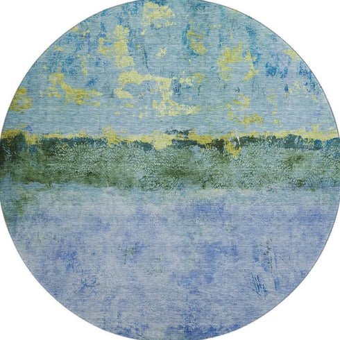 8' Blue Gold And Ivory Abstract Washable Round Rug With UV Protection