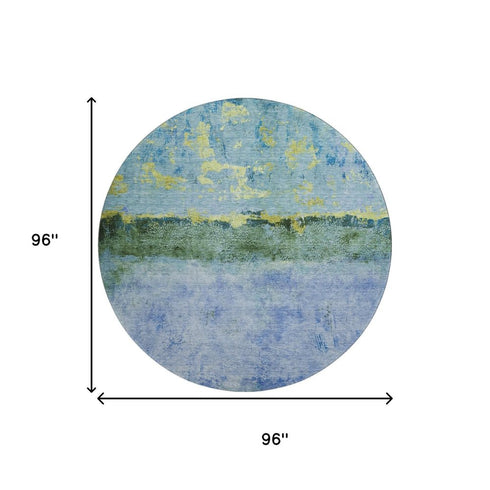 8' Blue Gold And Ivory Abstract Washable Round Rug With UV Protection