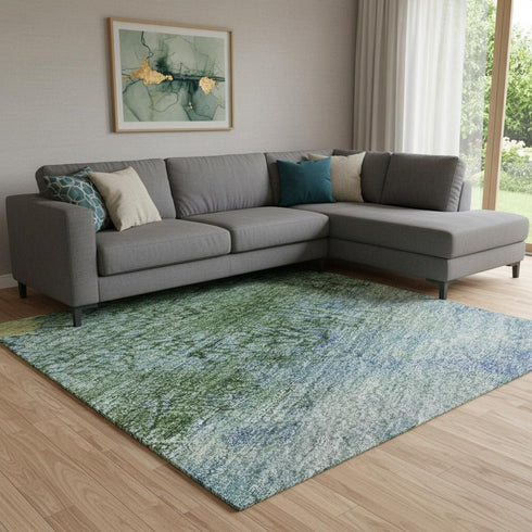 8' X 10' Blue Gold And Ivory Abstract Washable Area Rug With UV Protection