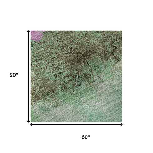 5' X 8' Green Teal And Pink Abstract Washable Area Rug With UV Protection