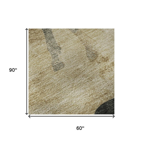 5' X 8' Beige Charcoal And Gray Animal Print Washable Area Rug With UV Protection