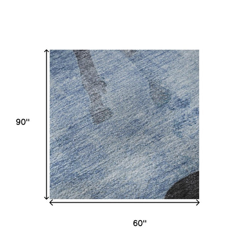 5' X 8' Denim Blue And Charcoal Animal Print Washable Area Rug With UV Protection