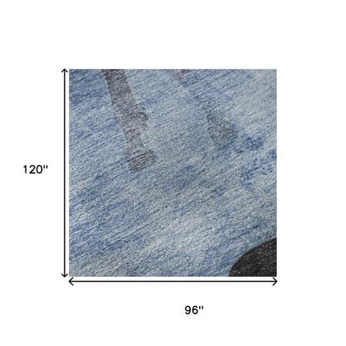 8' X 10' Denim Blue And Charcoal Animal Print Washable Area Rug With UV Protection