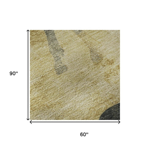 5' X 8' Gold And Charcoal Animal Print Washable Area Rug With UV Protection