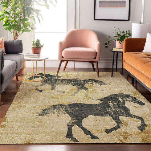 8' X 10' Gold And Charcoal Animal Print Washable Area Rug With UV Protection