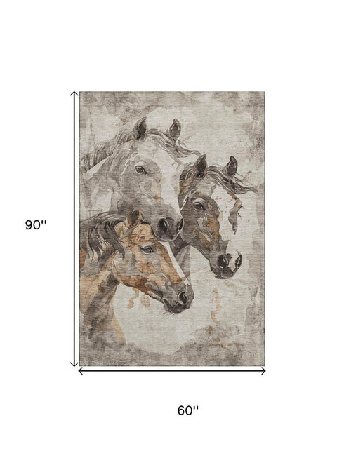 5' X 8' Beige Ivory And Gray Animal Print Washable Area Rug With UV Protection