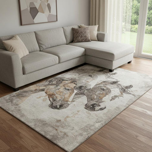 8' X 10' Beige Ivory And Gray Animal Print Washable Area Rug With UV Protection