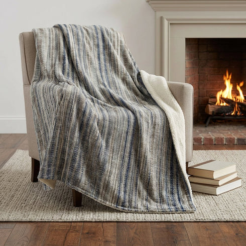 50" X 70" Brown And Blue Striped Polyester Woven Plush Throw Blanket