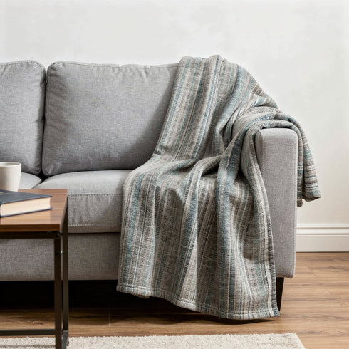 50" X 70" Ivory And Blue Striped Microfiber Plush Throw Blanket