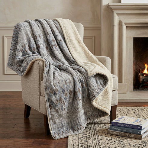 50" X 70" Blue And Gray Geometric Polyester Woven Plush Throw Blanket