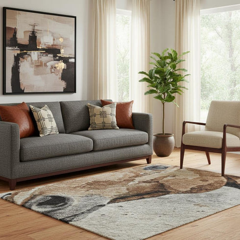 5' X 8' Beige Brown And Charcoal Animal Print Washable Area Rug With UV Protection