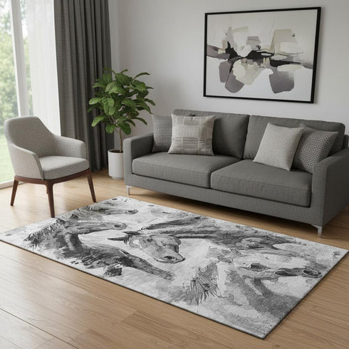 5' X 8' Gray Silver And Charcoal Animal Print Washable Area Rug With UV Protection