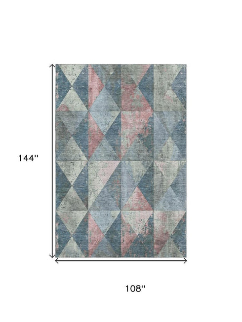 9' X 12' Denim Blue Blush And Ivory Geometric Washable Area Rug With UV Protection