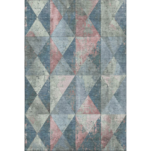 9' X 12' Denim Blue Blush And Ivory Geometric Washable Area Rug With UV Protection