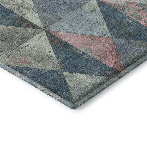 9' X 12' Denim Blue Blush And Ivory Geometric Washable Area Rug With UV Protection