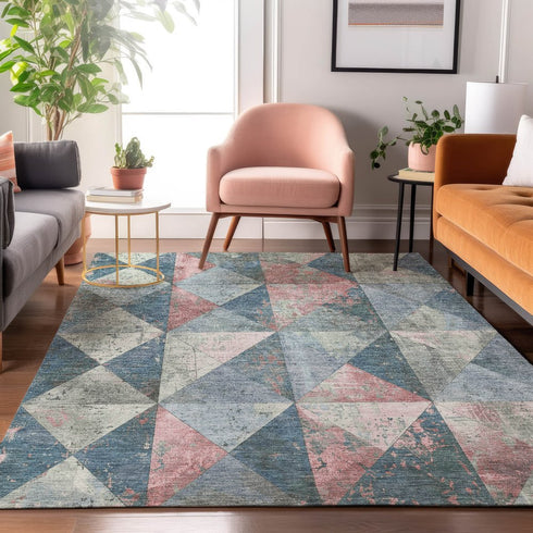 9' X 12' Denim Blue Blush And Ivory Geometric Washable Area Rug With UV Protection