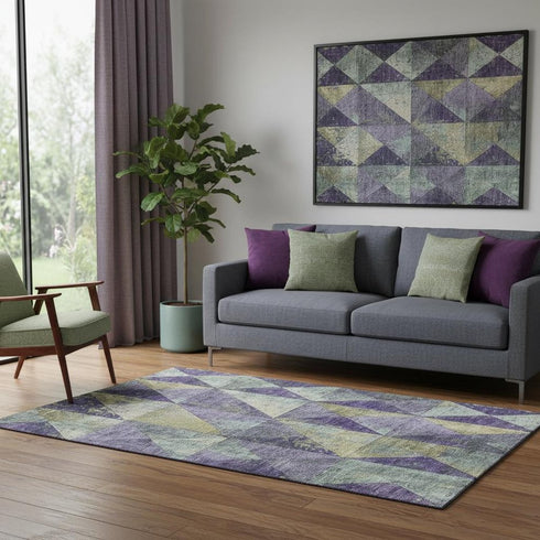 5' X 8' Eggplant Gold And Ivory Geometric Washable Area Rug With UV Protection