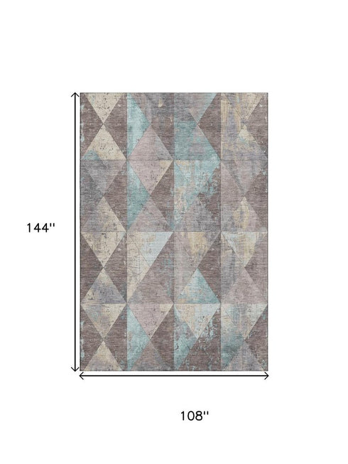 9' X 12' Coffee Teal And Beige Geometric Washable Area Rug With UV Protection