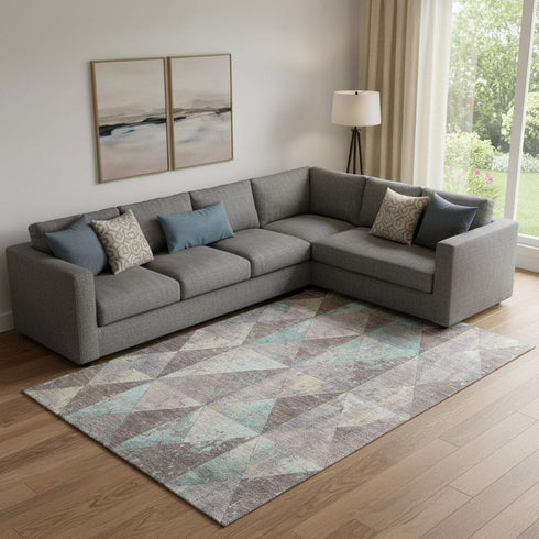 9' X 12' Coffee Teal And Beige Geometric Washable Area Rug With UV Protection