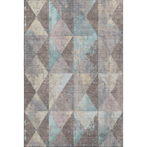 9' X 12' Coffee Teal And Beige Geometric Washable Area Rug With UV Protection