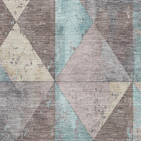 9' X 12' Coffee Teal And Beige Geometric Washable Area Rug With UV Protection