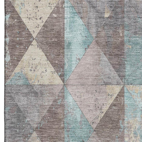 9' X 12' Coffee Teal And Beige Geometric Washable Area Rug With UV Protection