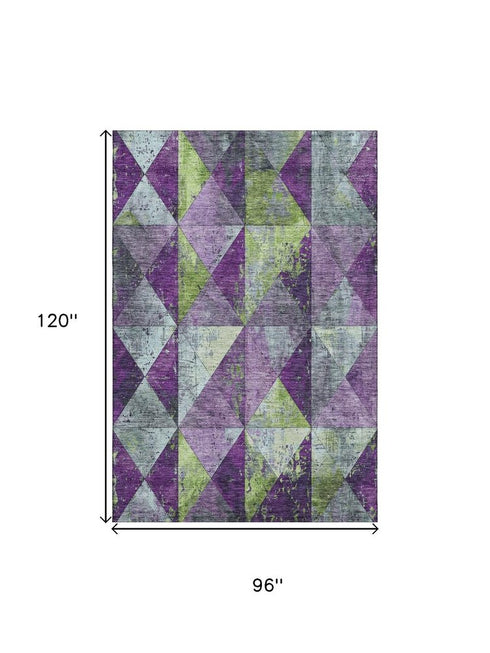 8' X 10' Purple Green And Ivory Geometric Washable Area Rug With UV Protection