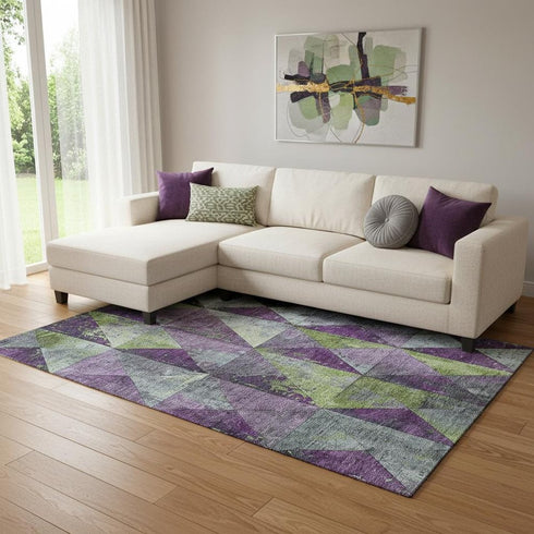 8' X 10' Purple Green And Ivory Geometric Washable Area Rug With UV Protection