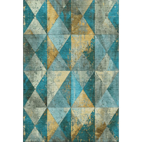 5' X 8' Teal Gold And Ivory Geometric Washable Area Rug With UV Protection