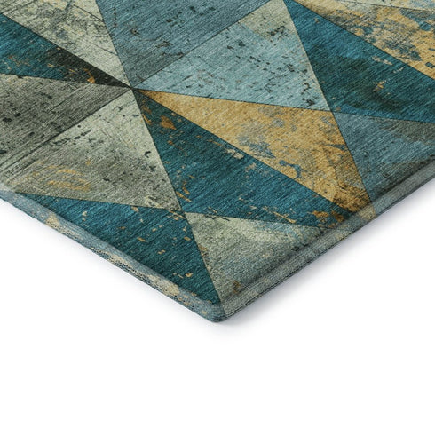5' X 8' Teal Gold And Ivory Geometric Washable Area Rug With UV Protection