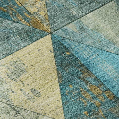 5' X 8' Teal Gold And Ivory Geometric Washable Area Rug With UV Protection