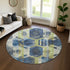 8' Navy Blue Green And Gray Geometric Washable Round Rug With UV Protection
