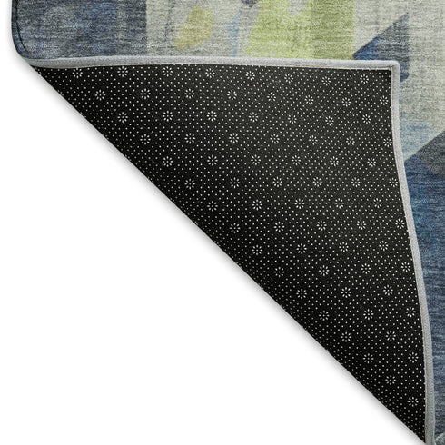 8' Navy Blue Green And Gray Geometric Washable Round Rug With UV Protection