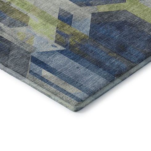 8' Navy Blue Green And Gray Geometric Washable Round Rug With UV Protection