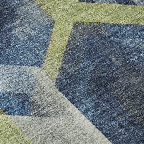 8' Navy Blue Green And Gray Geometric Washable Round Rug With UV Protection