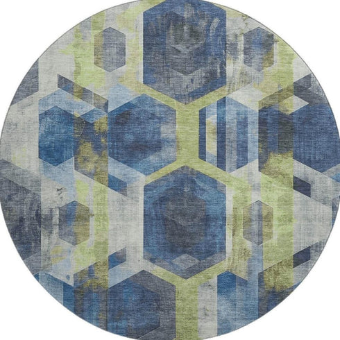 8' Navy Blue Green And Gray Geometric Washable Round Rug With UV Protection