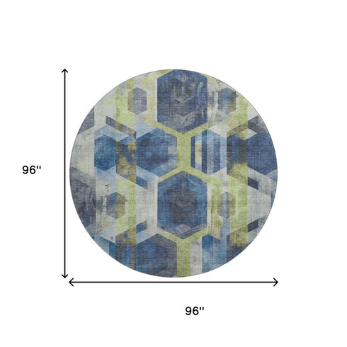 8' Navy Blue Green And Gray Geometric Washable Round Rug With UV Protection