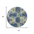 8' Navy Blue Green And Gray Geometric Washable Round Rug With UV Protection