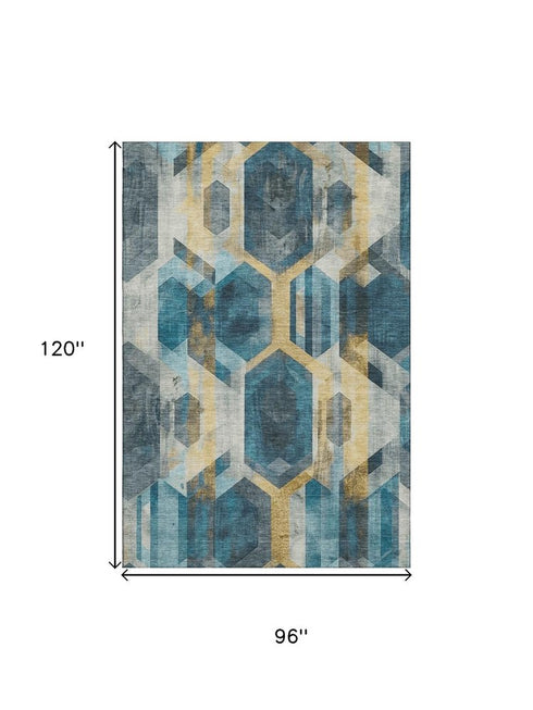 8' X 10' Teal Gold And Silver Geometric Washable Area Rug With UV Protection